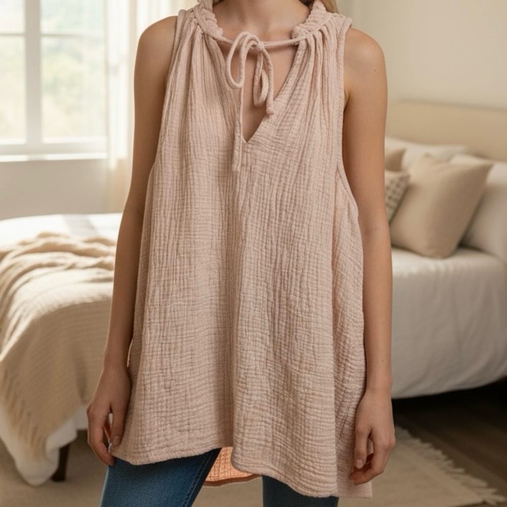 Boho 100% Cotton Peach Pink Muslin Gauzey Sleeveless Blouse